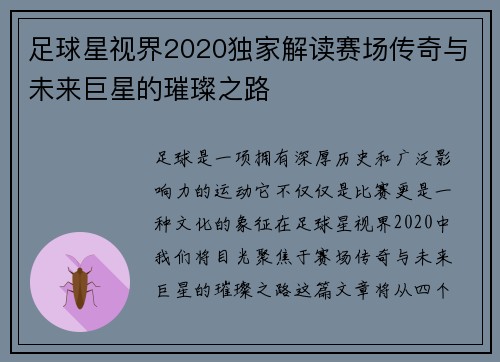 足球星视界2020独家解读赛场传奇与未来巨星的璀璨之路